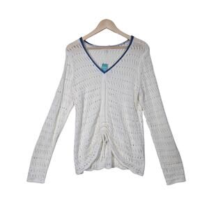Maurices Open Work Knit Sweater sz L Ivory Blue Ruched Cinch Tie V Neck NEW